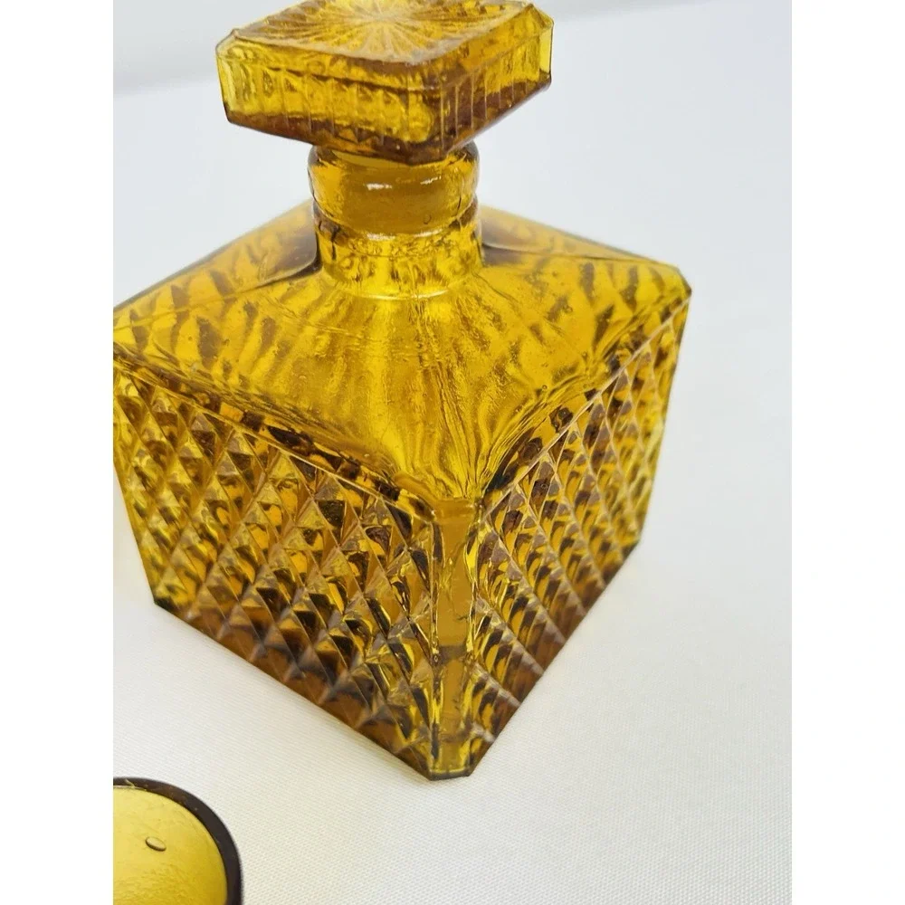 Vintage Amber Square Diamond Point Decanters Glass Stopper Shot Glass MCM Set